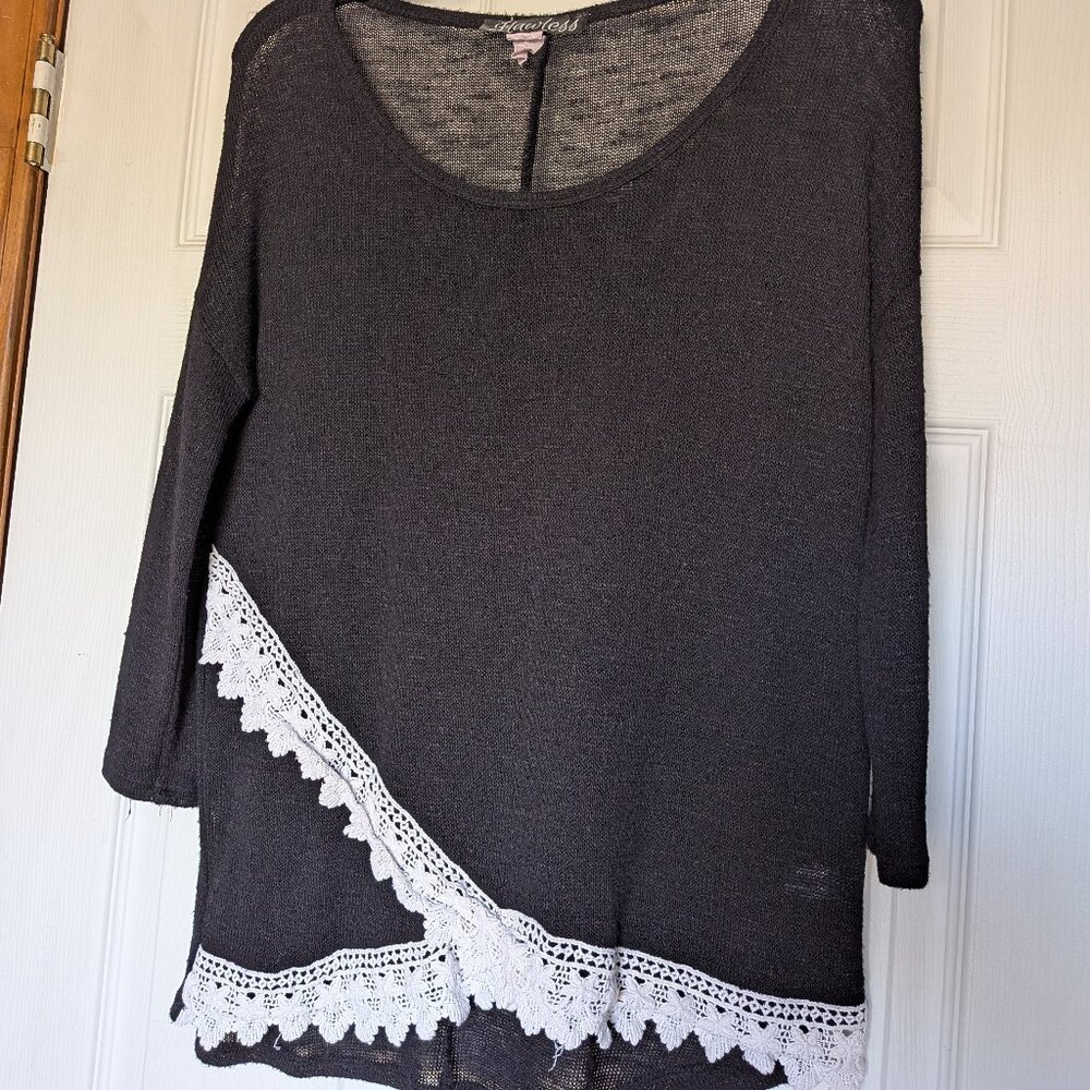Flawless brand sheer sweater with crocheted trim